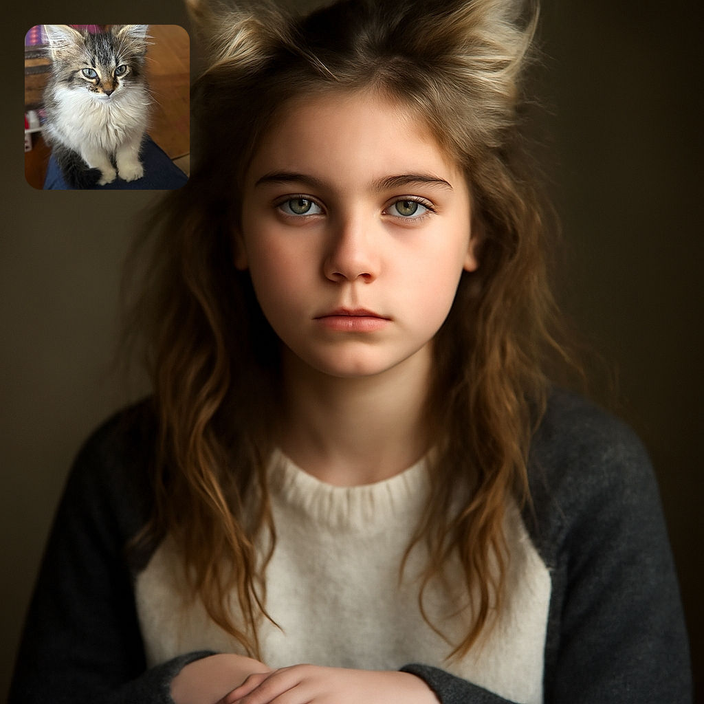 A fluffy kitten with mesmerizing blue eyes sits elegantly on someone's lap, looking curiously into the distance with a soft-focused cozy indoor background.