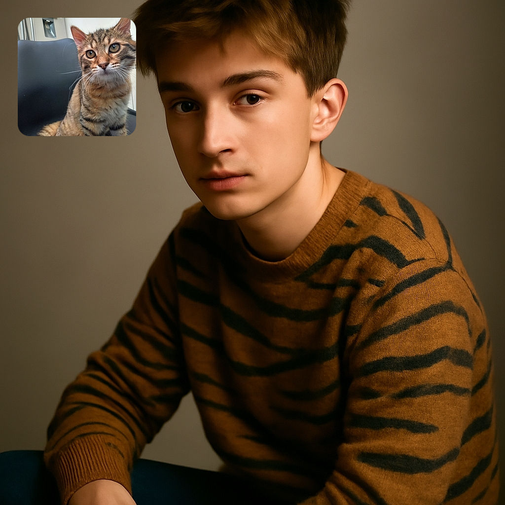 A curious tabby kitten sits on a black chair, its big eyes focused on something just out of frame, with a slightly blurred background featuring a refrigerator and a hanging paper.