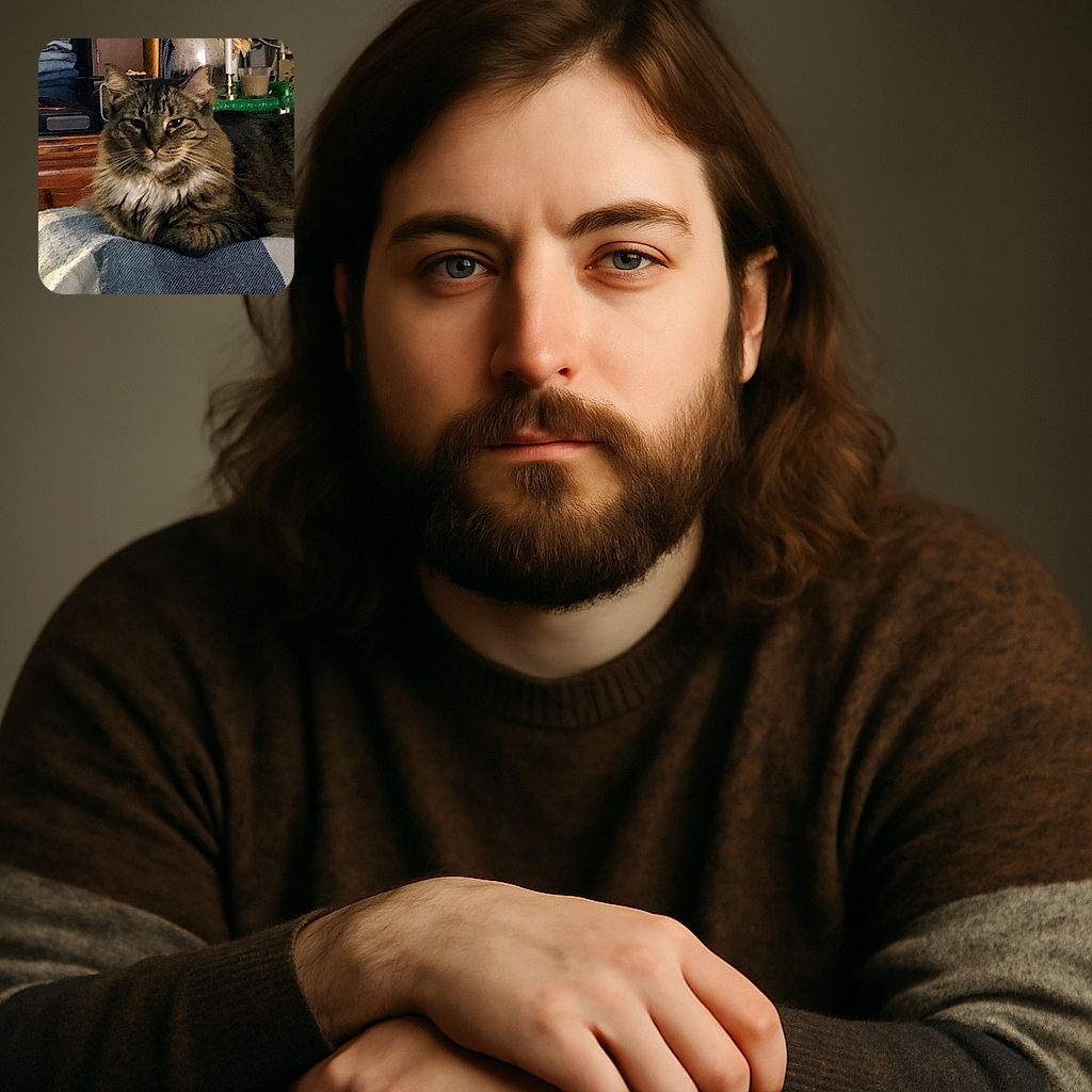 A fluffy tabby cat lounging comfortably on a blue and white blanket, with a cozy indoor background featuring folded clothes and household items, giving off a warm and relaxed vibe.