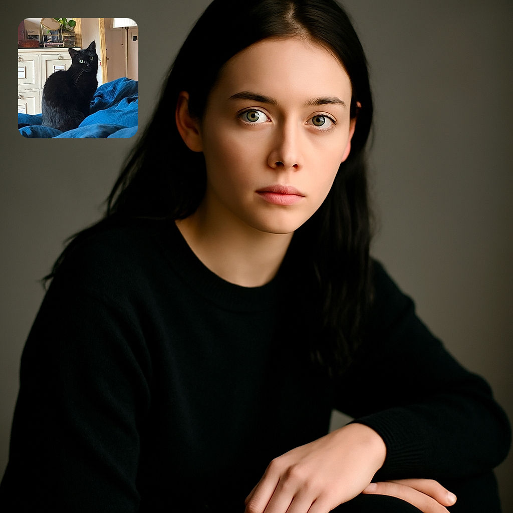 A sleek black cat with bright green eyes sits attentively on a blue blanket, posing like the mysterious ruler of the room. Behind it, a cozy bedroom scene unfolds with a wooden mirror, a leafy plant, and a vintage dresser, adding charm and warmth to the setting.