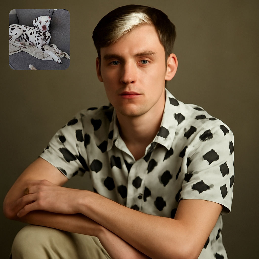 A Dalmatian dog with striking heterochromia (one blue eye and one brown eye) lounges comfortably on a gray couch with a beige blanket underneath, looking attentively at the camera. The cozy indoor setting includes a scooter in the background and a bone toy on the couch.