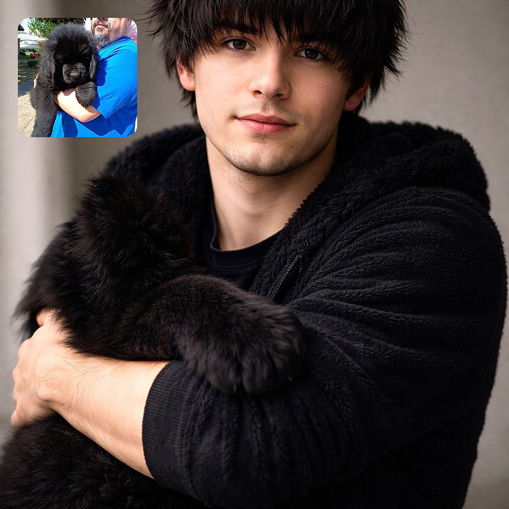 A man squinting in the sun holds a massive, fluffy black puppy that looks like a walking cloud — the dog’s teddy-bear face dominates the frame while the proud owner in a bright blue shirt peeks out on the right. Backyard trees and a house blur into the background, making this duo the undeniable stars of the picture.