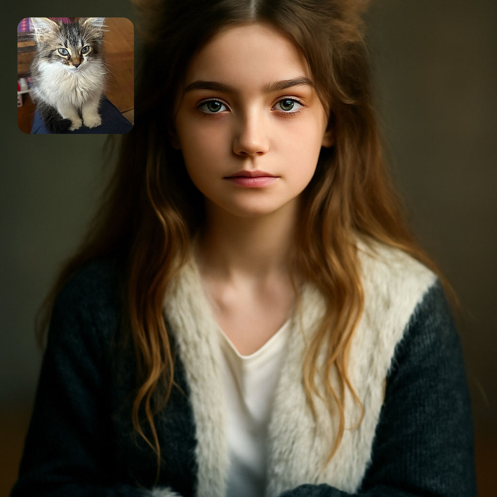 A fluffy kitten with mesmerizing blue eyes sits elegantly on someone's lap, looking curiously into the distance with a soft-focused cozy indoor background.