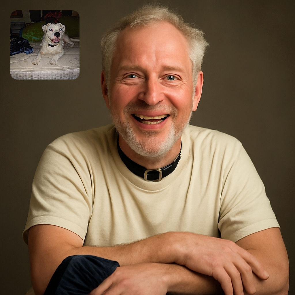 A happy white dog with a black nose and collar lounges on a mattress with a slightly worn cover, its eyes reflecting the camera flash like glowing orbs, surrounded by casual household items and a dimly lit background.