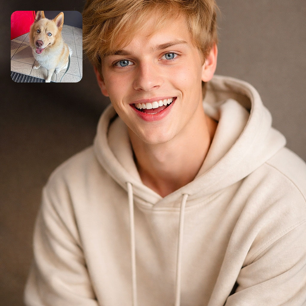 A cheerful fluffy dog with striking blue eyes is sitting on a tiled floor near a bright red door, looking up with a happy, tongue-out smile, radiating pure joy and friendliness.