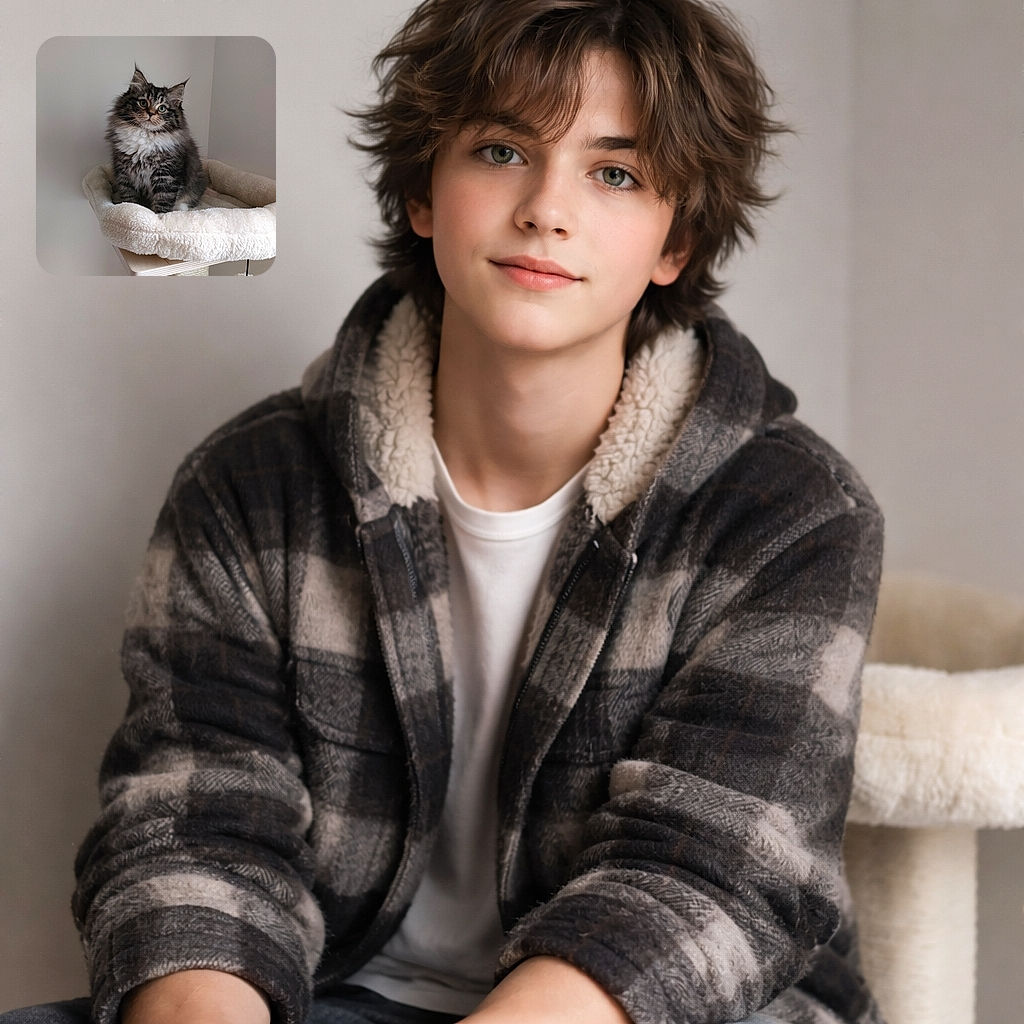 A fluffy tabby kitten sits regally on its plush cat-tree throne, ears perked and whiskers forward like a tiny lion surveying its kingdom against a plain wall — utterly adorable and slightly suspicious of the camera.