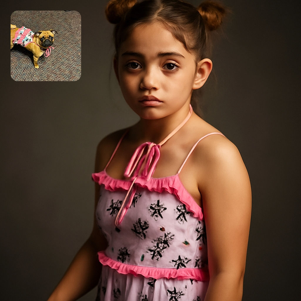 A small pug dressed in a cute pink and tropical-patterned dress stands on a textured carpet, looking up with big, expressive eyes, while a shiny blue shoe appears in the corner of the image.