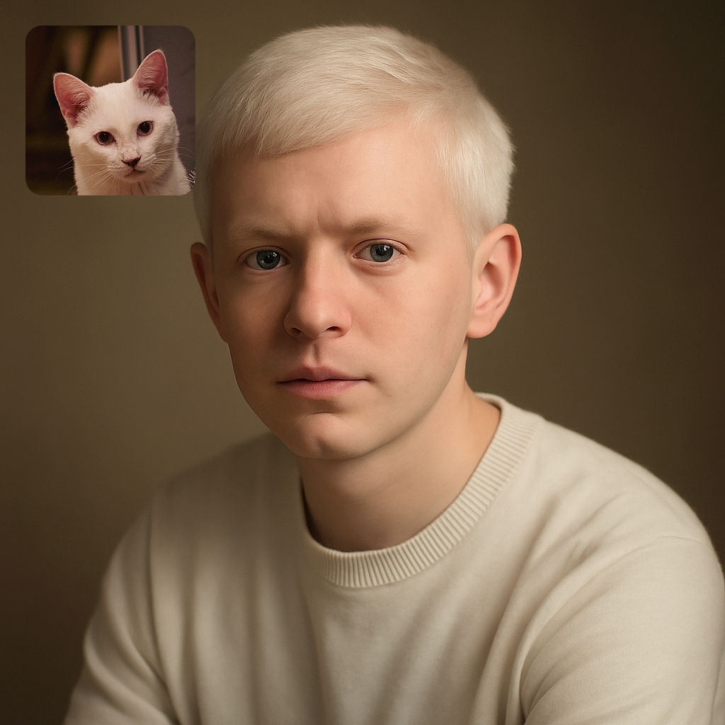 A close-up portrait of a curious white cat with striking eyes, softly lit against a blurred, warm background, giving it an intimate and cozy vibe.