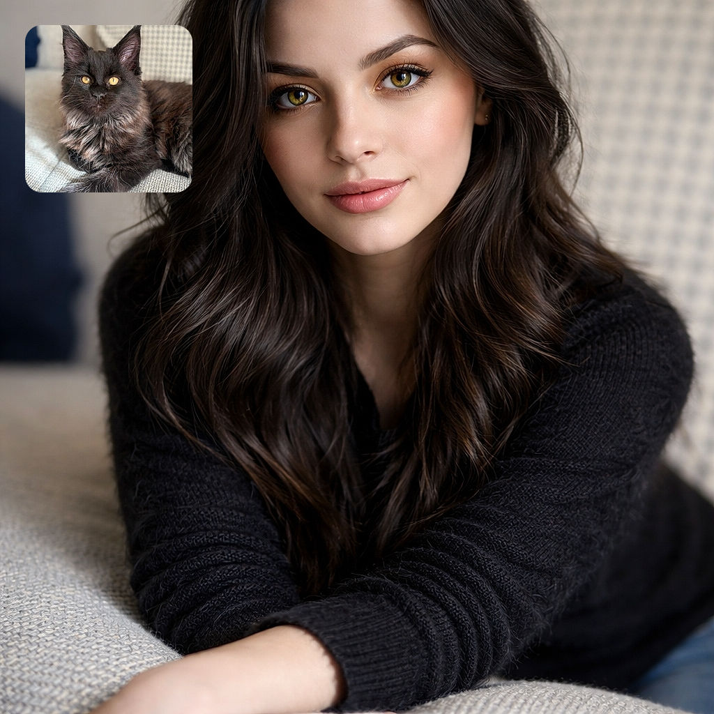 A majestic black cat with striking golden eyes lounges elegantly on a textured fabric surface, its fluffy fur catching the soft light and giving it a regal appearance.