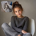 A wide-eyed tabby kitten sits dramatically upright on a modern white chair, looking like it has just been summoned to an important meeting about stolen treats. The tidy room, wooden floor, and bright blue fabric create a clean indoor backdrop.