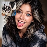 A playful small dog with a unique merle coat and heterochromia (two different colored eyes) looks up eagerly with its tongue out, standing on a beige mat next to a cozy dog bed and a visible socked foot.