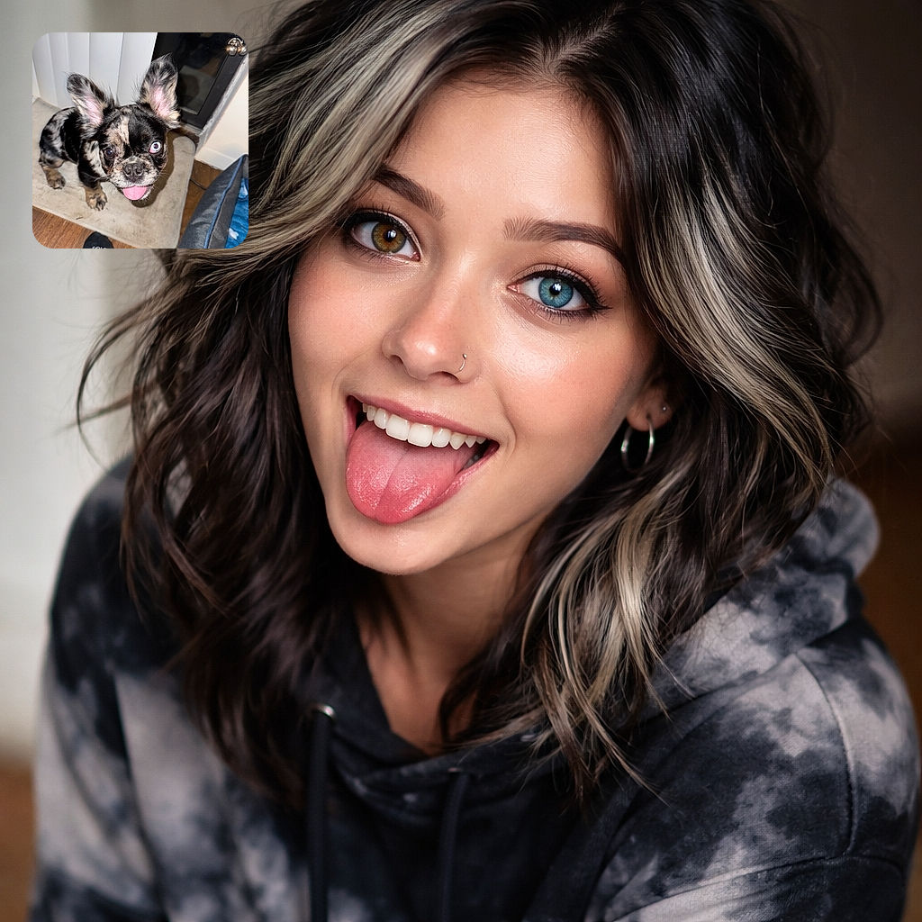 A playful small dog with a unique merle coat and heterochromia (two different colored eyes) looks up eagerly with its tongue out, standing on a beige mat next to a cozy dog bed and a visible socked foot.