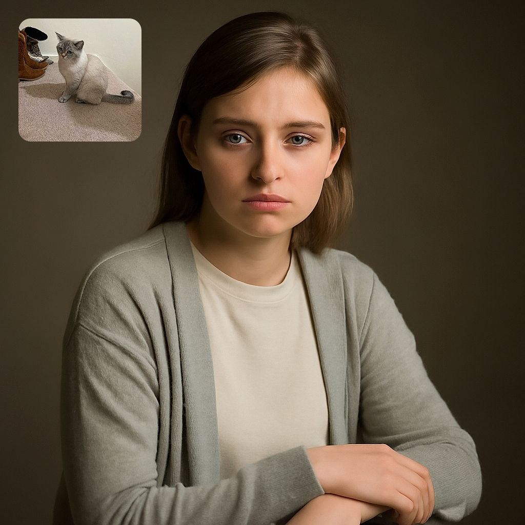 A fluffy gray and white cat sits on a beige carpet near a pair of brown boots, looking curiously off to the side with a calm demeanor.