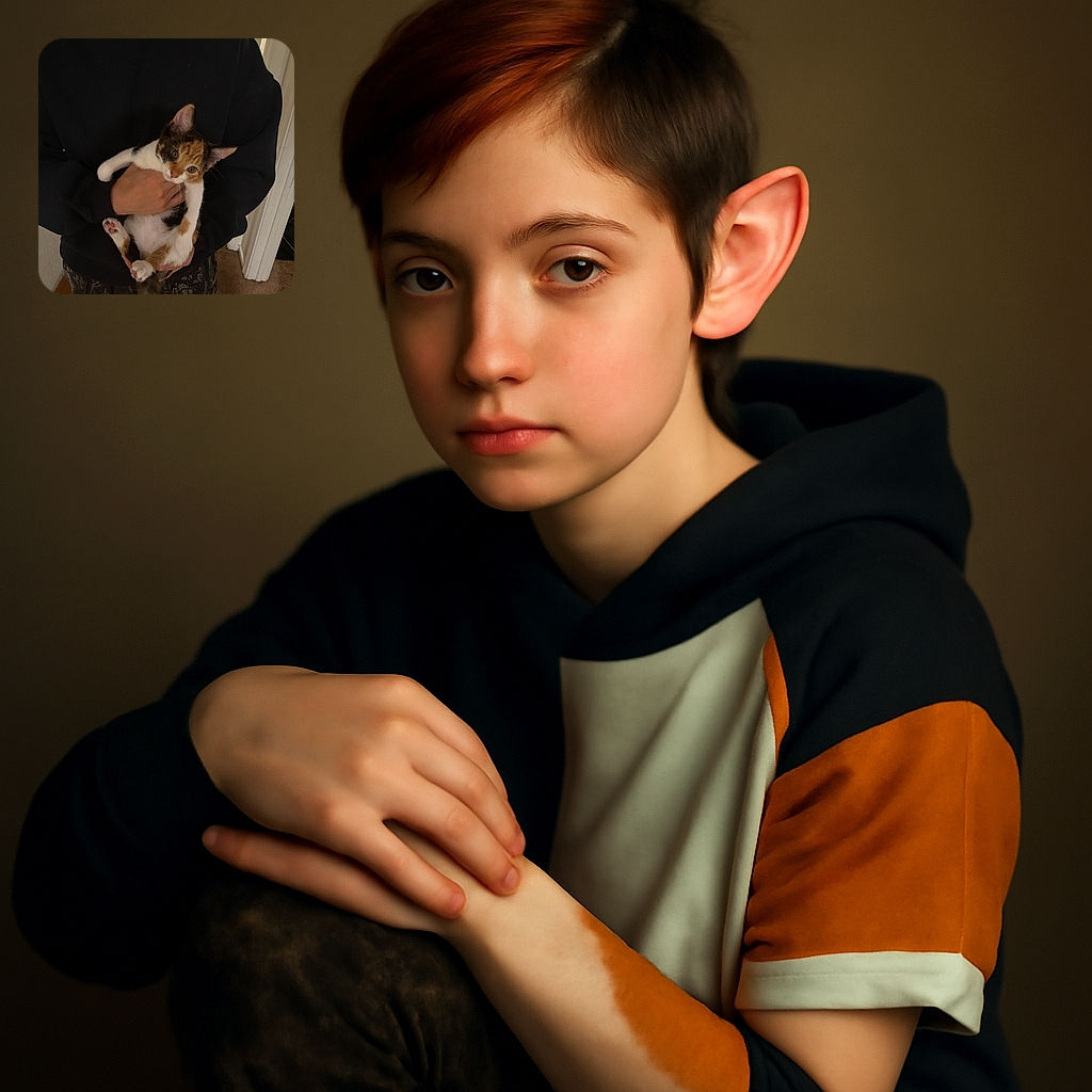 A person wearing a black hoodie and camo pants is gently holding a curious calico kitten, who seems slightly bemused by the whole situation. The indoor setting is cozy with carpet and a partially visible doorway in the background.