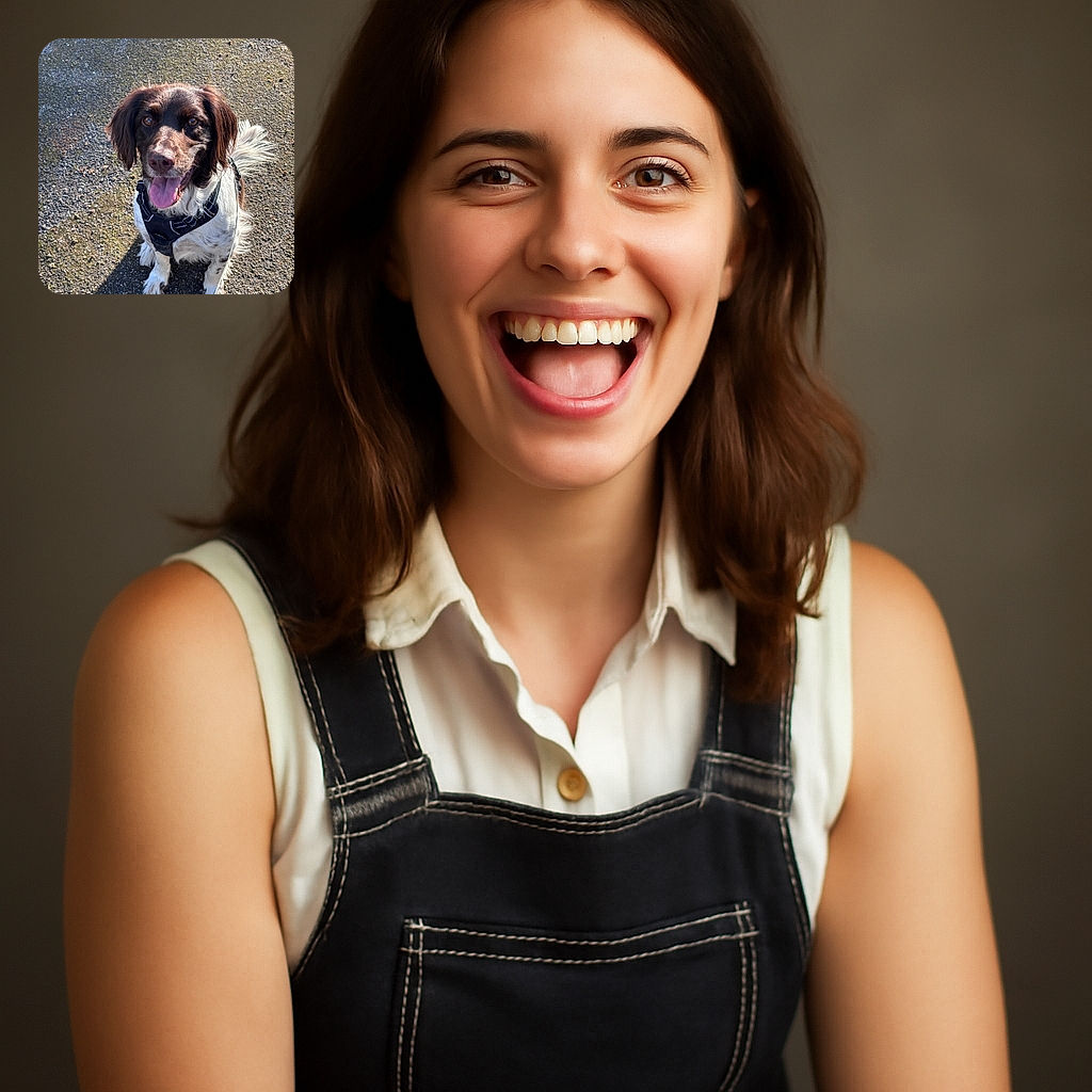 A happy dog with a shiny brown and white coat is sitting on a gravelly surface, looking up with its tongue out in a joyful expression, wearing a black harness and leash, basking in the sunlight.
