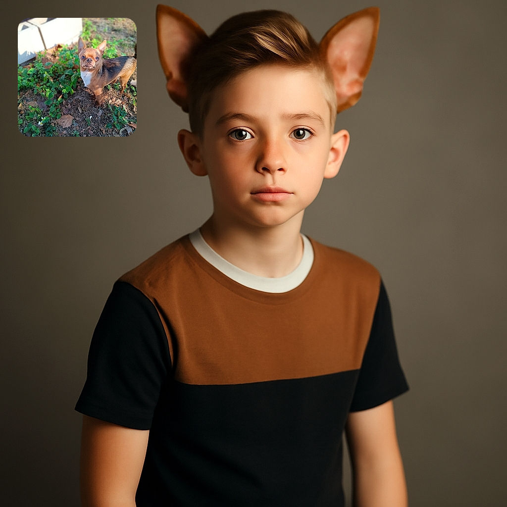 A small, alert dog with big ears stands proudly on a patch of earth surrounded by greenery and fallen leaves, with soft sunlight casting gentle shadows and a blurred background of concrete blocks.