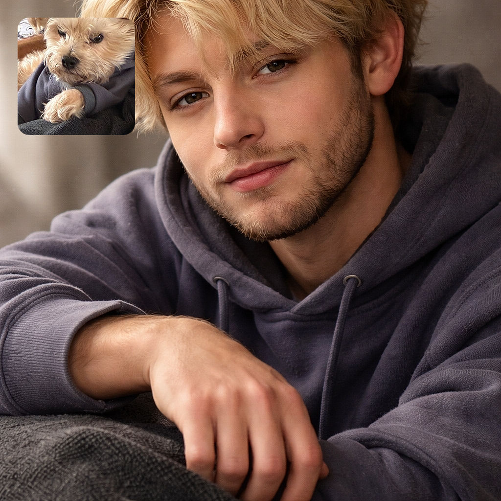 A fluffy little dog hogging the frame like a furry celebrity — nose centered, soulful eyes peeking through a mop of hair, one tiny paw draped over a cozy sleeve. Looks like the world can wait while this pup finishes nap time and demands snacks with maximum cuteness.