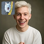 A fluffy white dog with heterochromia (one blue eye and one brown eye) looks up joyfully at the camera, tongue out and smiling, standing on a gray pavement marked with a bright yellow line. The background is softly blurred, highlighting the dog's happy expression.