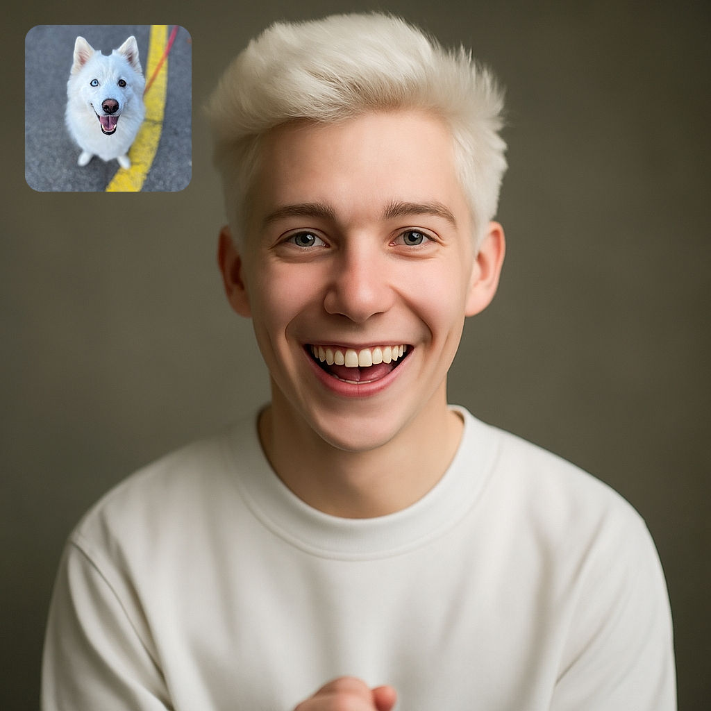 A fluffy white dog with heterochromia (one blue eye and one brown eye) looks up joyfully at the camera, tongue out and smiling, standing on a gray pavement marked with a bright yellow line. The background is softly blurred, highlighting the dog's happy expression.