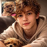 An adorable scruffy puppy looks straight at the camera with big, soulful eyes, resting on a pink surface with a blurry living room background, radiating pure cuteness and cozy vibes.