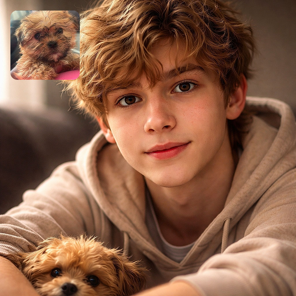 An adorable scruffy puppy looks straight at the camera with big, soulful eyes, resting on a pink surface with a blurry living room background, radiating pure cuteness and cozy vibes.