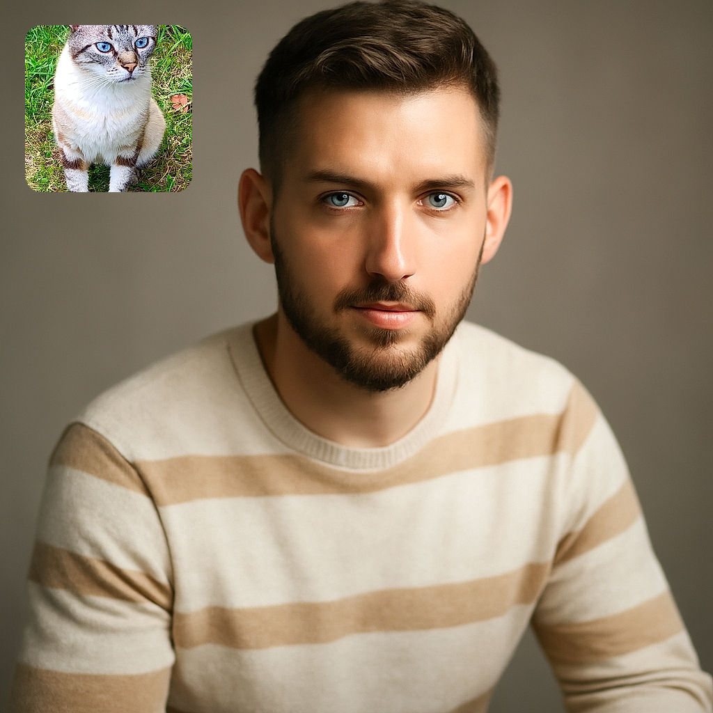 A striking cat with bright blue eyes sits attentively on green grass, framed by a rustic wooden background. The cat's detailed fur patterns and clear gaze make it the star of this natural outdoor portrait.