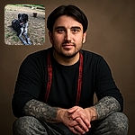 A happy black and white dog with a speckled coat lounges on a patchy grassy field, tongue out in a relaxed pose, with a rustic wooden stump and lush greenery in the background.