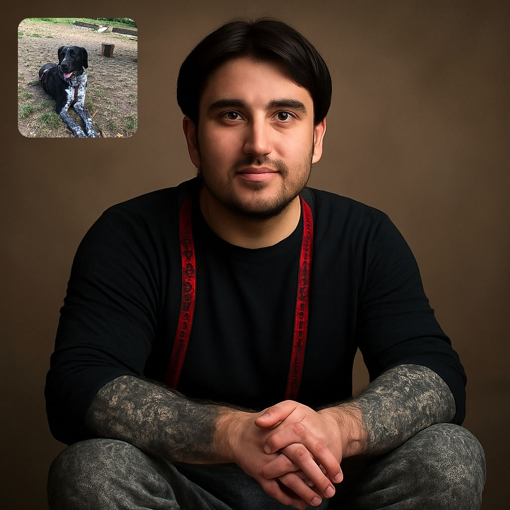 A happy black and white dog with a speckled coat lounges on a patchy grassy field, tongue out in a relaxed pose, with a rustic wooden stump and lush greenery in the background.