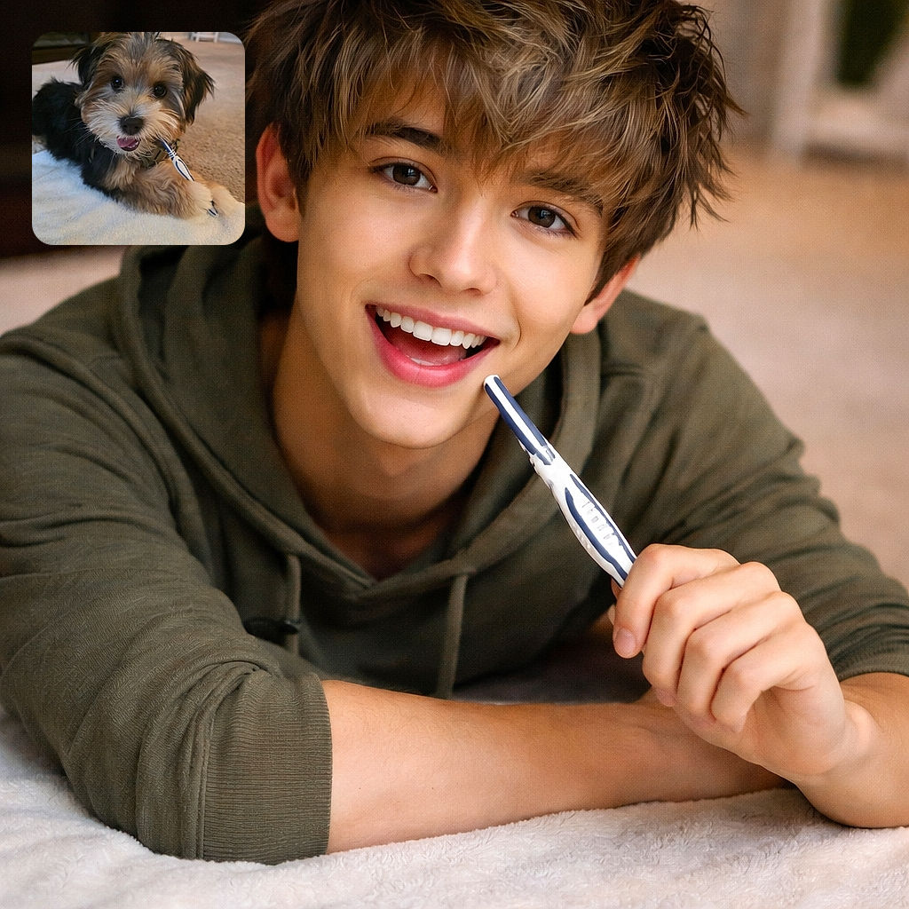 A tiny, mischievous puppy stares up with big shiny eyes while proudly gnawing a toothbrush — part dental care, part toy — on a toweled patch of carpet, looking simultaneously guilty and adorable.