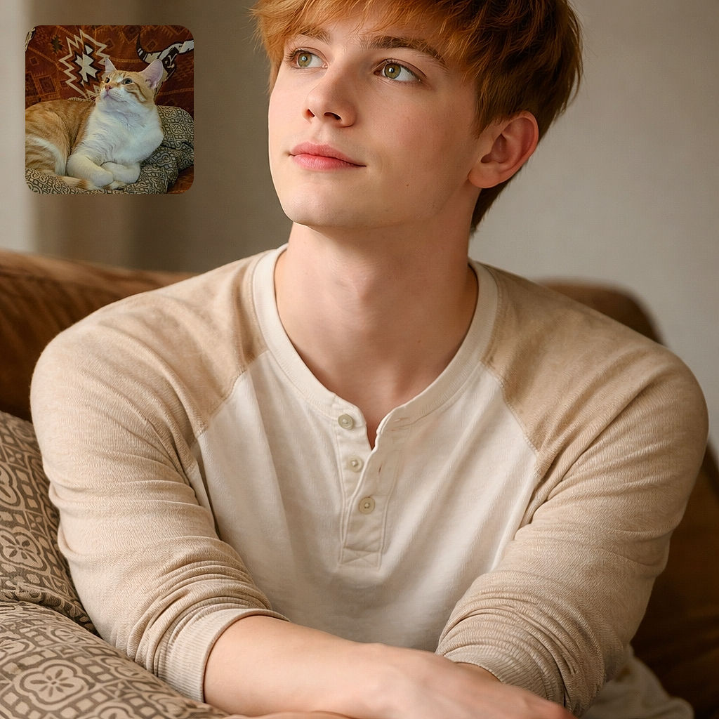 A chonky ginger-and-white cat loafs on patterned cushions, gazing loftily upward like it's listening to a very important moth; cozy textures and proud whiskers steal the show.