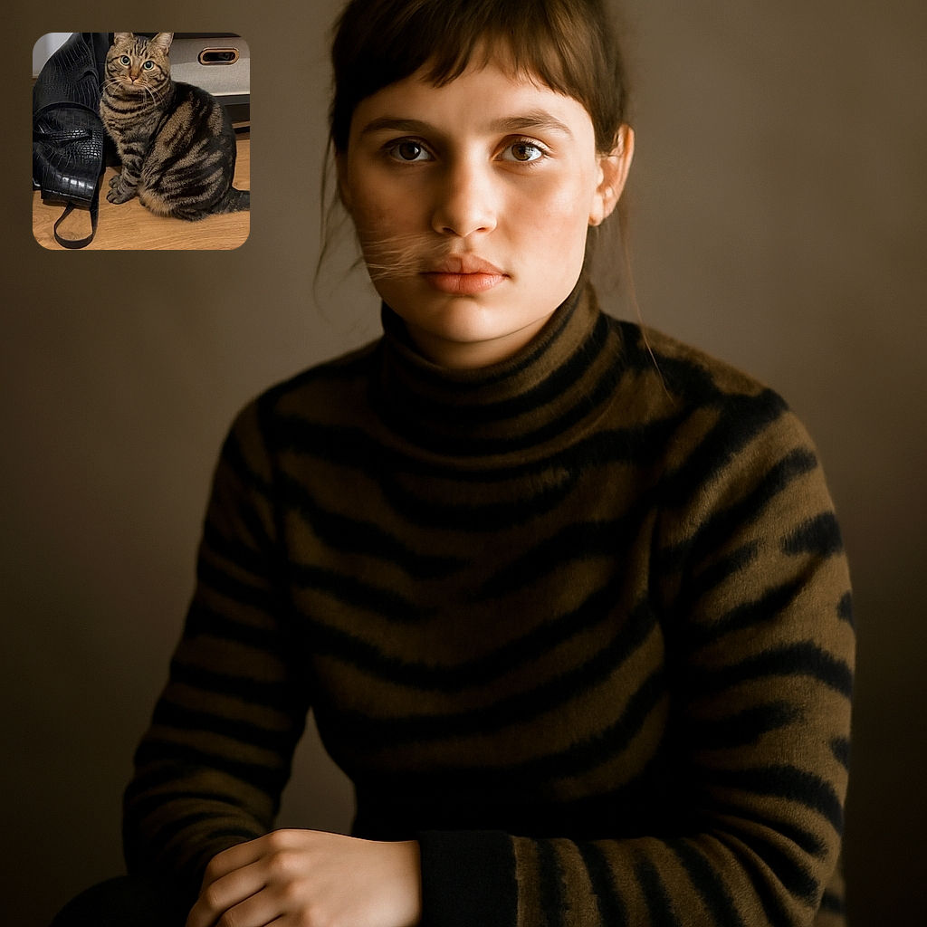 A curious tabby cat with striking green eyes sits on a wooden floor next to a black textured bag, posing like it owns the place in front of a modern black furniture piece.