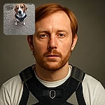 A charming beagle dog sitting attentively on a dirt ground, wearing a black harness and looking straight at the camera with soulful eyes, surrounded by a natural outdoor setting with scattered leaves and small holes in the soil.