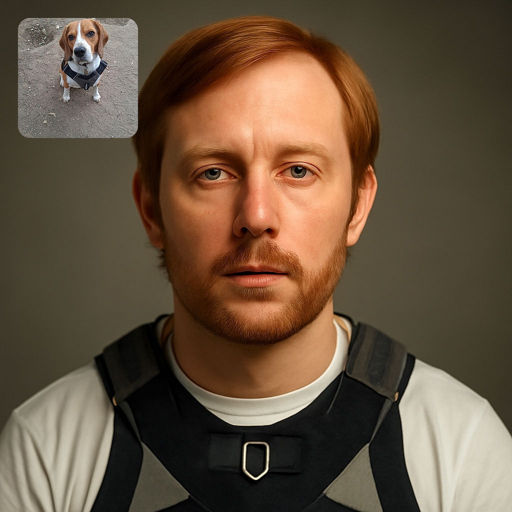 A charming beagle dog sitting attentively on a dirt ground, wearing a black harness and looking straight at the camera with soulful eyes, surrounded by a natural outdoor setting with scattered leaves and small holes in the soil.