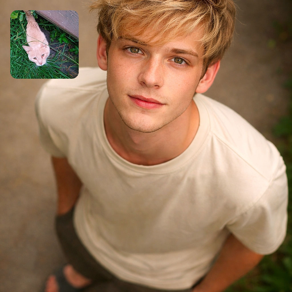 A curious ginger cat pops its head up out of the grass and stares straight at the camera with twitchy whiskers and intent eyes, while a lone sandaled human foot lurks at the bottom — the backyard's tiny drama queen asserting lawn patrol duties.