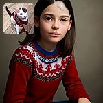 A curious cat dressed in a cozy red and gray sweater looks up with big, shiny eyes, standing on a wooden floor that perfectly complements its fur pattern. This fashionable feline is ready to charm anyone with its adorable sweater game and inquisitive expression.