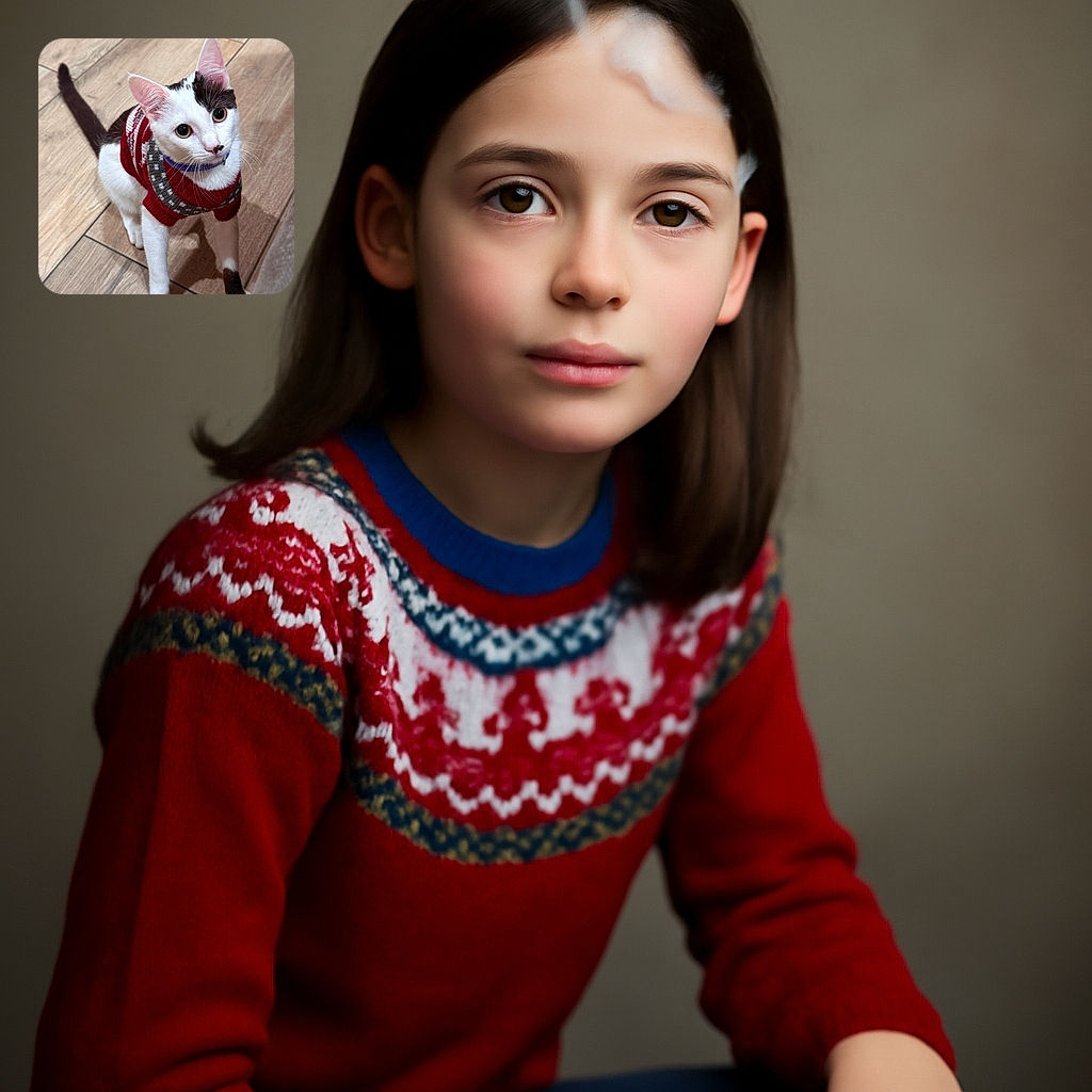 A curious cat dressed in a cozy red and gray sweater looks up with big, shiny eyes, standing on a wooden floor that perfectly complements its fur pattern. This fashionable feline is ready to charm anyone with its adorable sweater game and inquisitive expression.