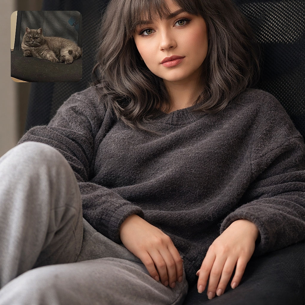A chonky gray cat lounges like it owns the chair and the kitchen behind it — unimpressed stare, fluffy paws tucked in, mesh chair back providing a textured throne and a stack of pans photobombing from the counter.
