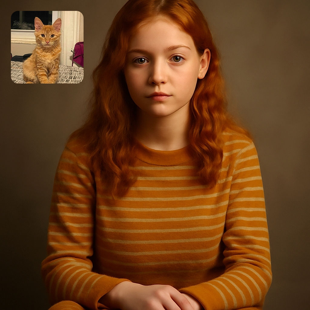 A fluffy orange tabby kitten sits upright on a patterned bedspread, staring intently at the camera with wide eyes and perky ears. The background shows a window and some household items, giving a cozy indoor vibe.