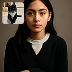 A charming black and white tuxedo kitten sits attentively on a speckled floor, its bright eyes wide with curiosity and a little white patch on its nose adding character. The background shows a wooden shelf with pink baskets and a white door, giving a cozy indoor vibe.