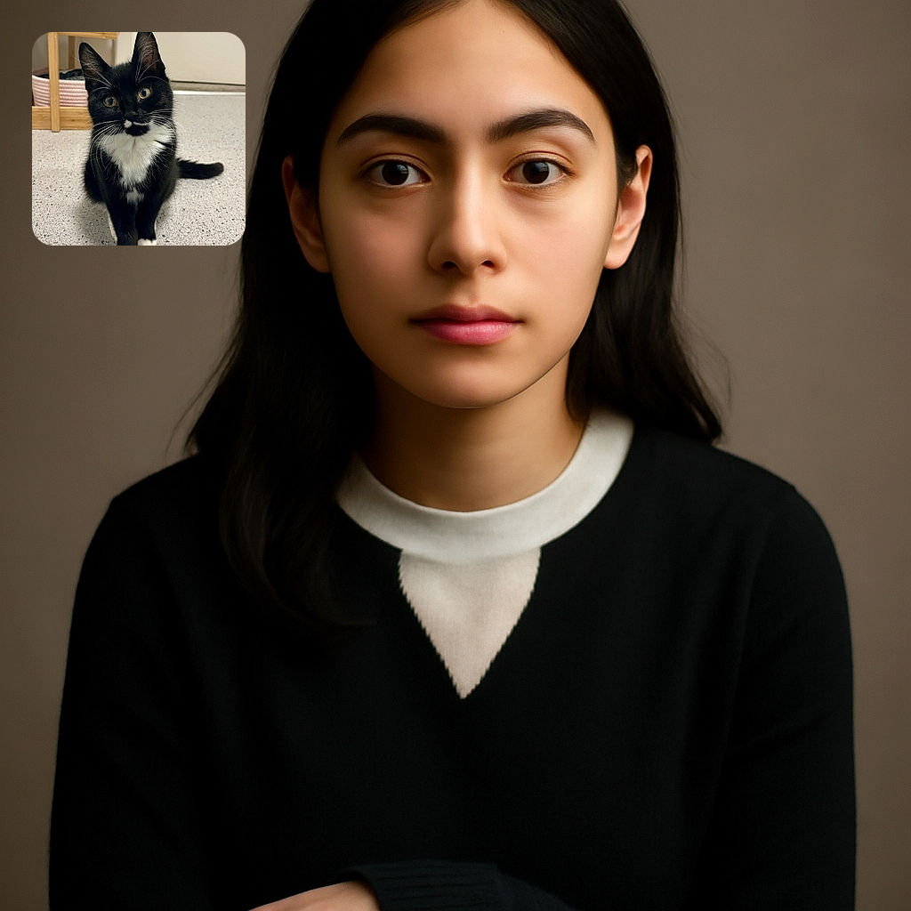 A charming black and white tuxedo kitten sits attentively on a speckled floor, its bright eyes wide with curiosity and a little white patch on its nose adding character. The background shows a wooden shelf with pink baskets and a white door, giving a cozy indoor vibe.