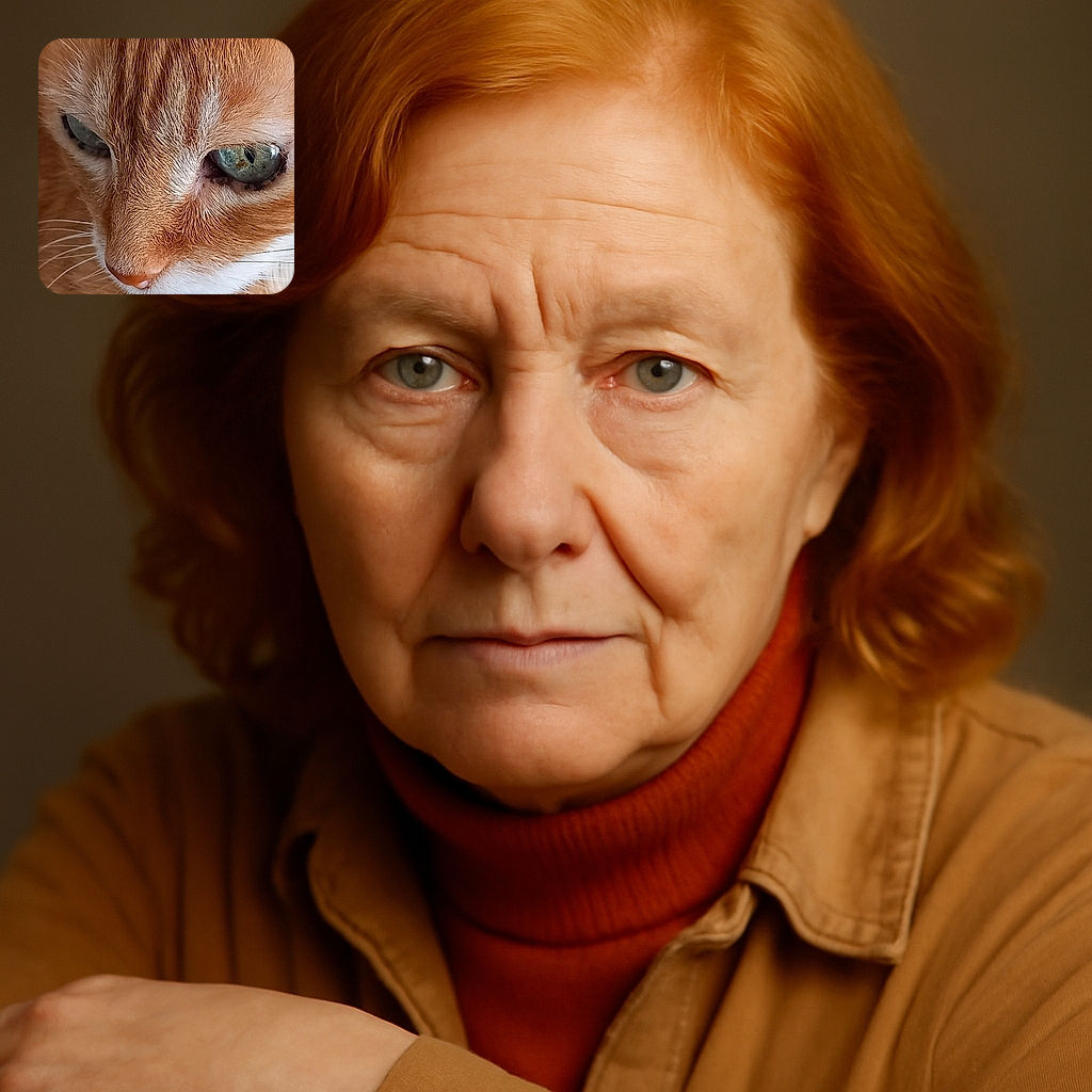 A close-up shot of an orange tabby cat with striking green eyes, showcasing the intricate details of its fur and whiskers. The cat appears calm and contemplative, with soft natural lighting highlighting its facial features.