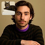 A curious tabby cat with striking yellow eyes lounges elegantly on a textured white block, sporting a purple collar like a tiny feline fashionista against a soft beige backdrop.