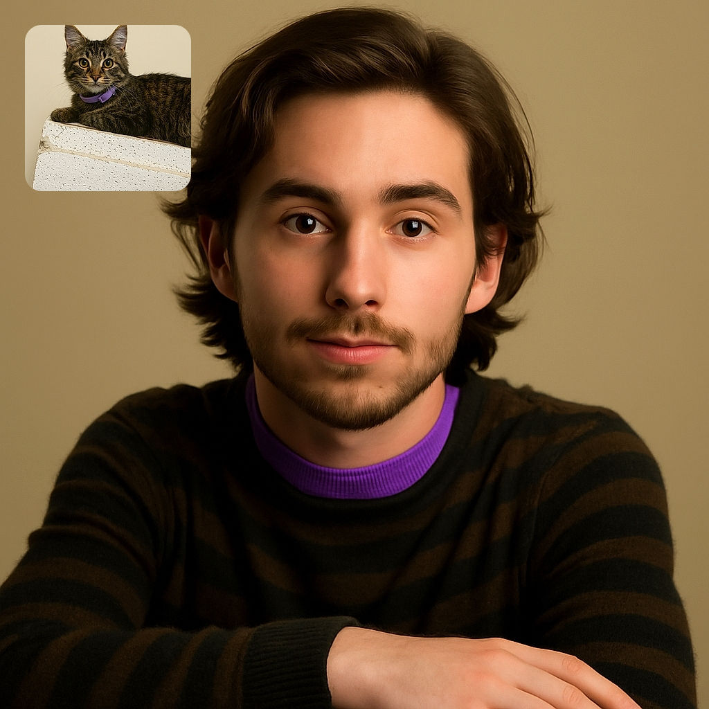 A curious tabby cat with striking yellow eyes lounges elegantly on a textured white block, sporting a purple collar like a tiny feline fashionista against a soft beige backdrop.