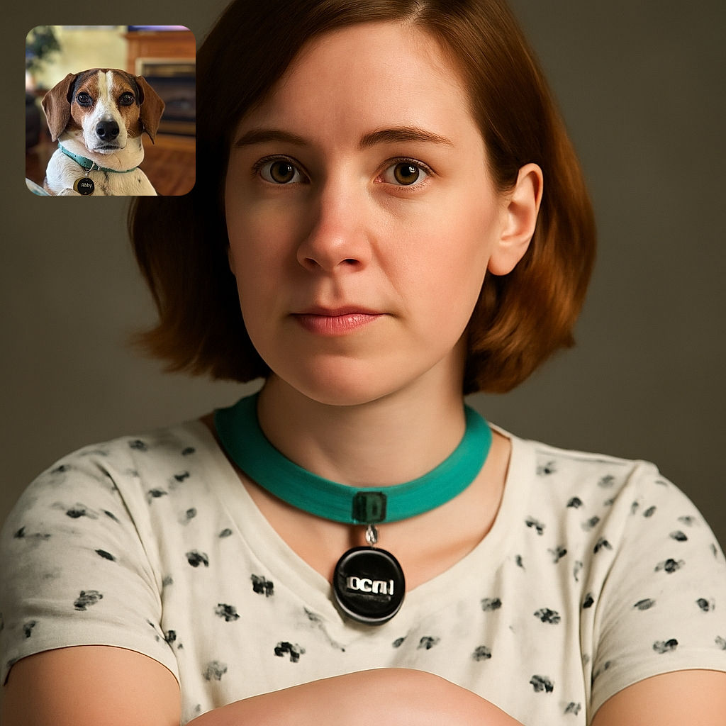 A charming dog named Abby poses with soulful eyes and a turquoise collar, perfectly framed against a cozy indoor background featuring a fireplace and soft focus. The photo captures the dog's calm and dignified expression with warm, natural lighting highlighting the fur texture.