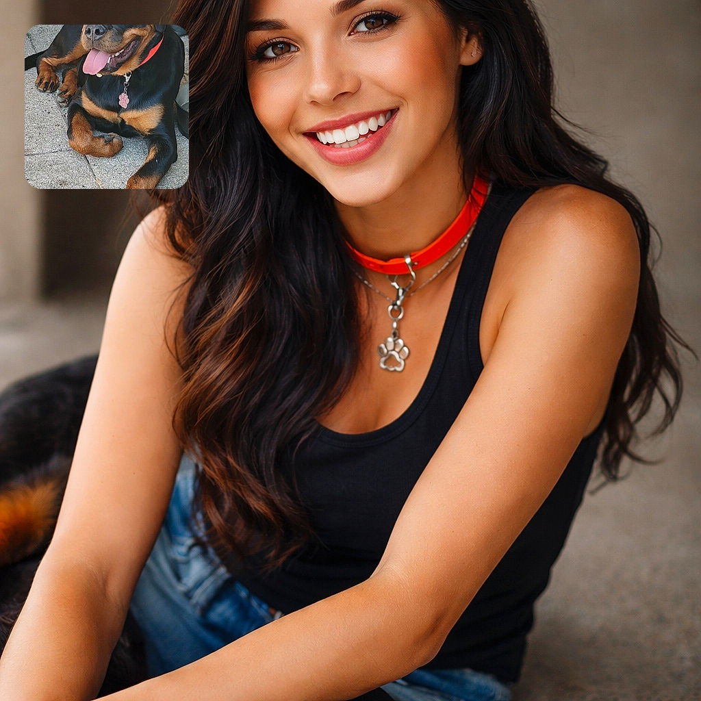 A happy Rottweiler dog lounges comfortably on a stone patio, tongue out and looking content, with a red collar and a tag shaped like a paw. The background features a textured stone wall and some outdoor furniture legs.