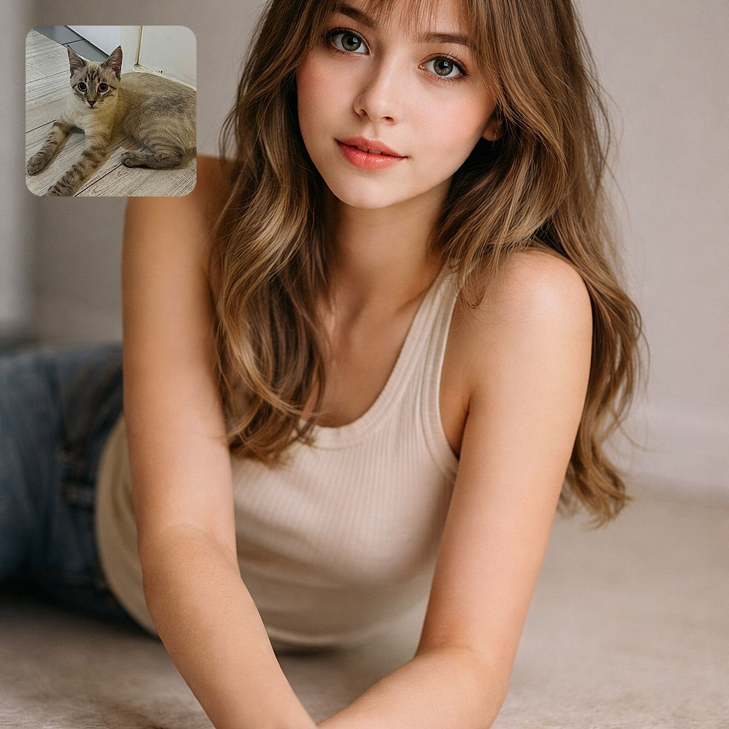 A curious cat with striking blue eyes lounges on a rustic wooden floor, stretching its paws out like it's ready for a playful pounce or a cozy nap. The background features a simple white wall and a doorway, giving a calm and homely vibe.