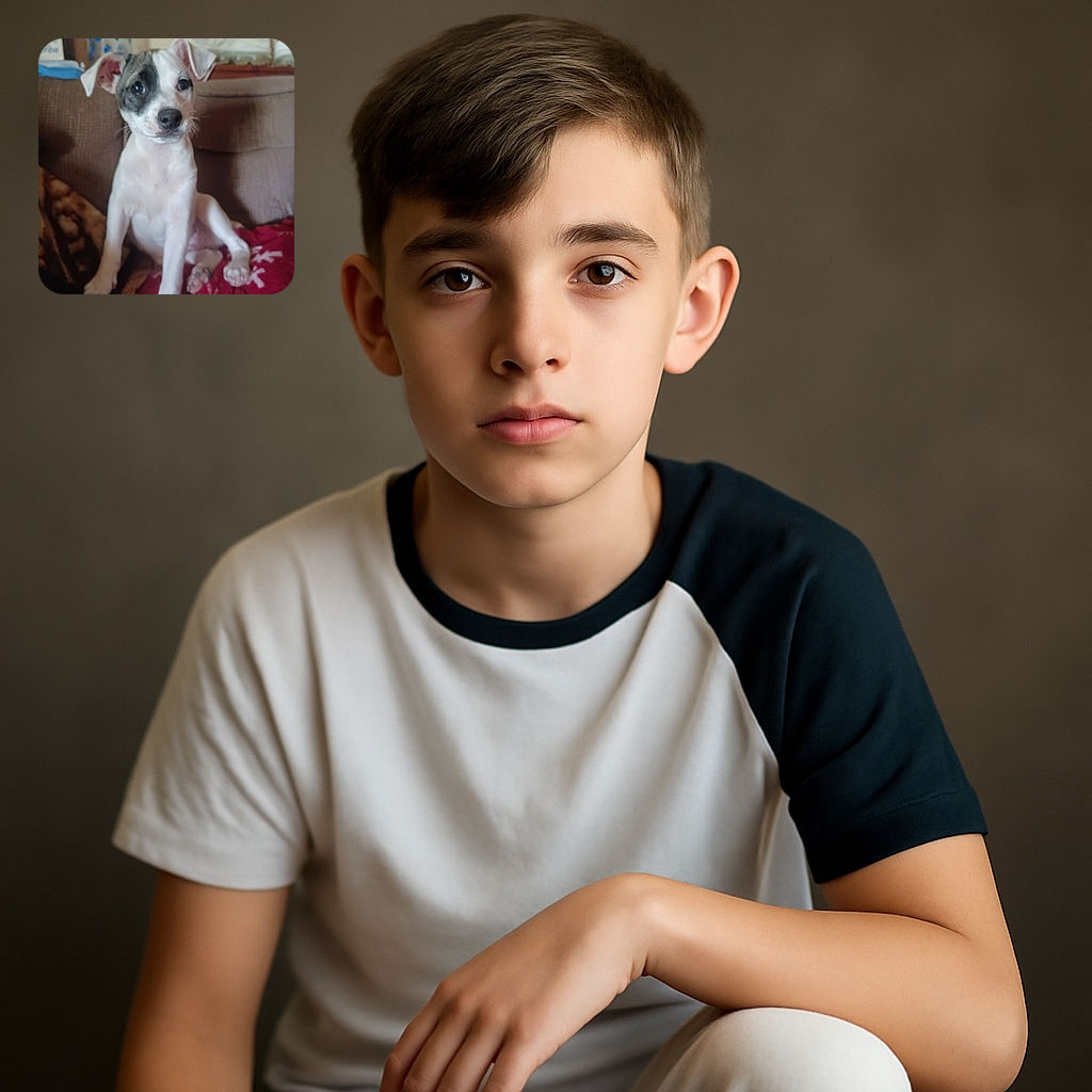 A cute puppy with a black patch over one eye sits on a cozy couch covered with blankets. The background shows some household items slightly out of focus, making the puppy the clear star of this warm, homey snapshot.