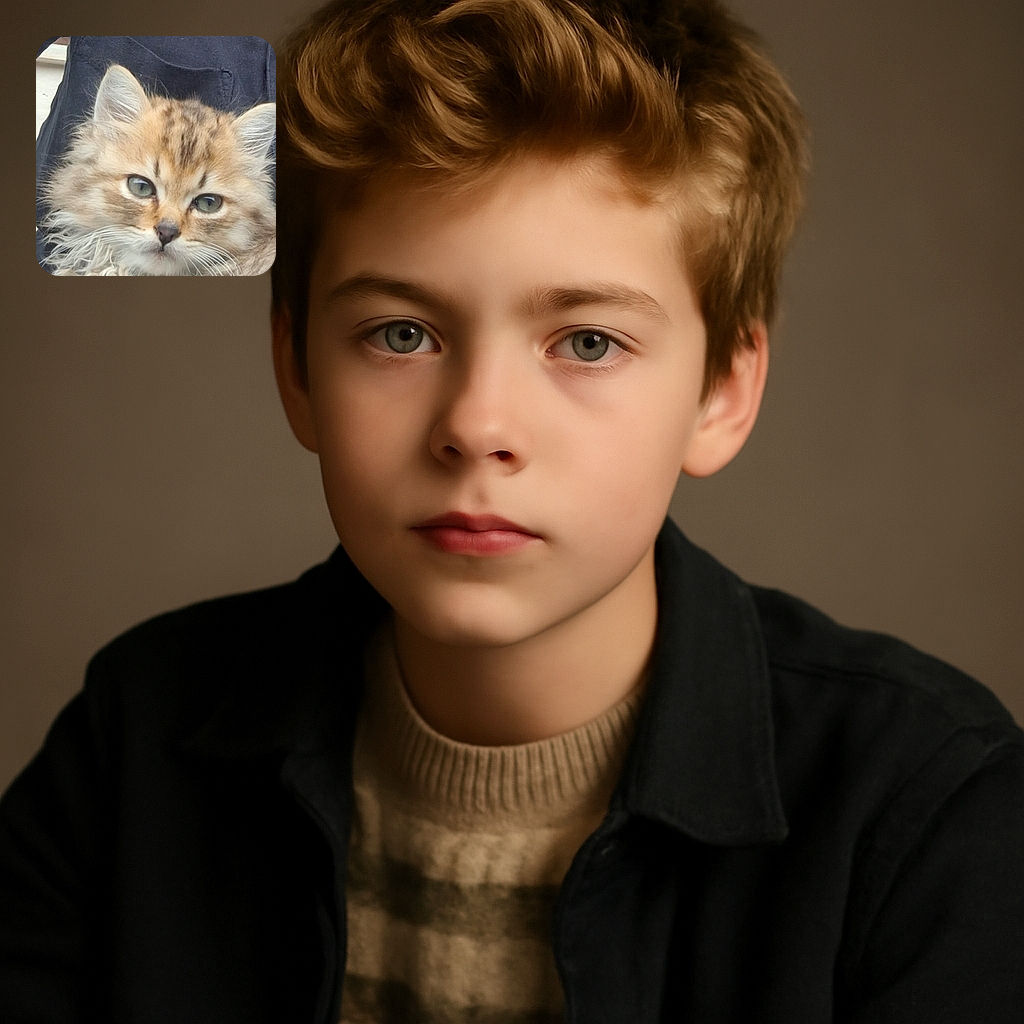 A fluffy, curly-furred cat stares serenely at the camera, nestled against a person wearing a dark shirt, creating a cozy and intimate moment.