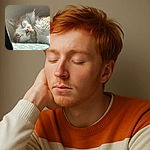 A fluffy orange and white cat is peacefully napping on a patterned surface, basking in soft sunlight with its eyes gently closed and whiskers relaxed, radiating pure feline contentment.