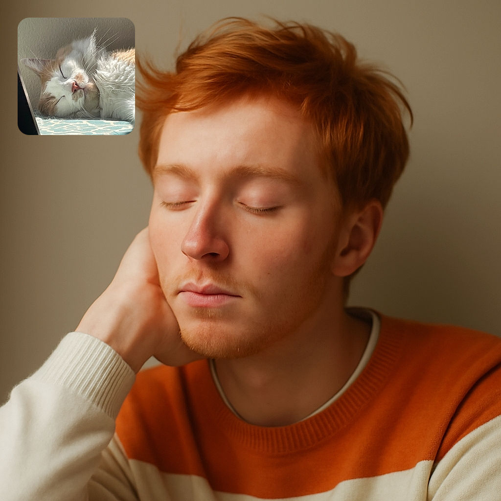 A fluffy orange and white cat is peacefully napping on a patterned surface, basking in soft sunlight with its eyes gently closed and whiskers relaxed, radiating pure feline contentment.